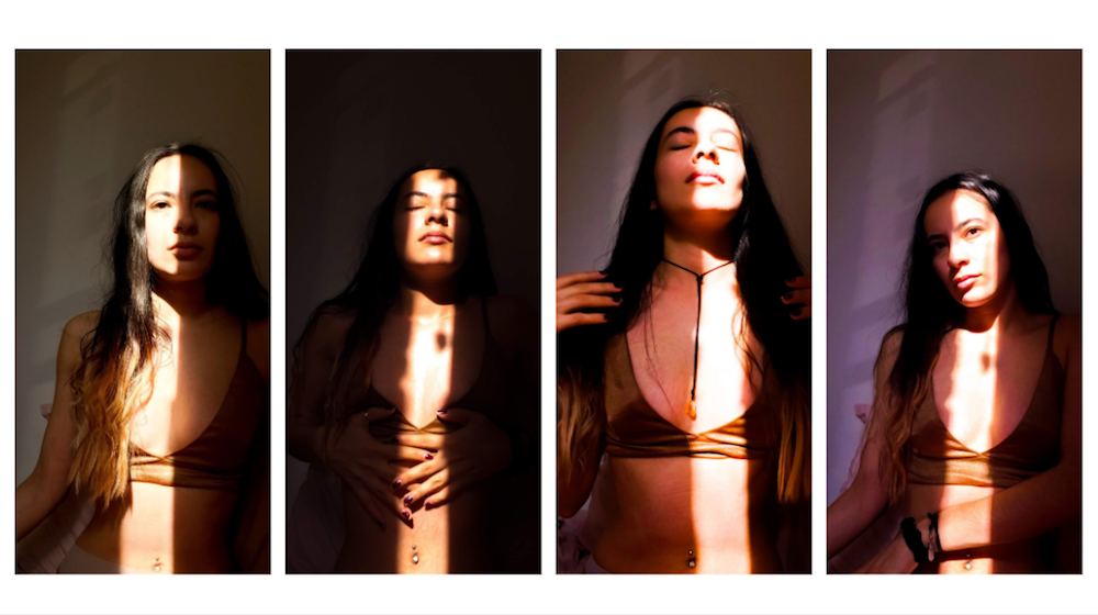 four images in panels show woman with long hair with shadow cast vertically over different parts of her body